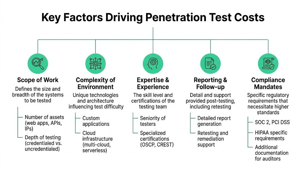 A diagram outlining the five key factors that influence the total cost of penetration testing services.