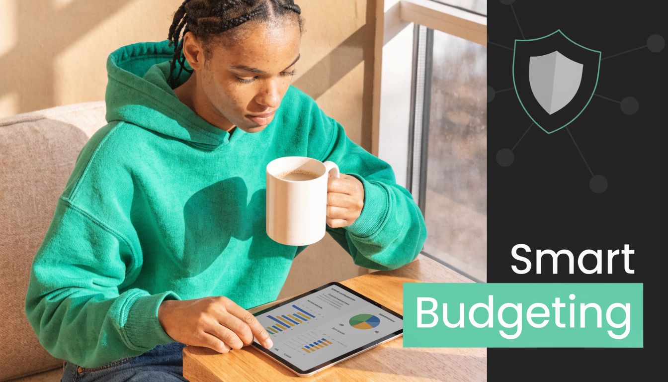A young person using a tablet to view financial charts while holding a coffee mug, indoors.