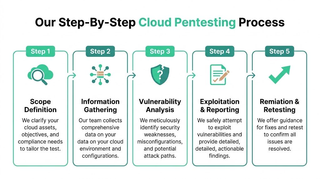 A five-step flowchart infographic illustrating a professional cloud penetration testing process from scope to remediation.