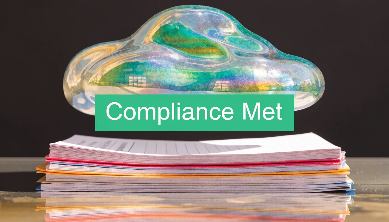 A stack of paper documents sits beneath an iridescent, cloud-shaped object with the text Compliance Met.