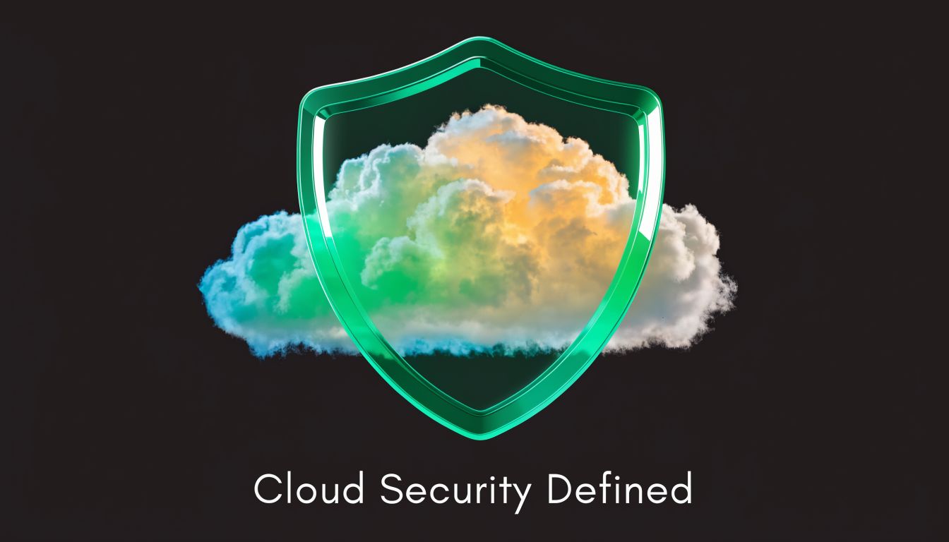 A conceptual illustration of a cloud formation protected by a sleek green 3D metallic shield symbol.
