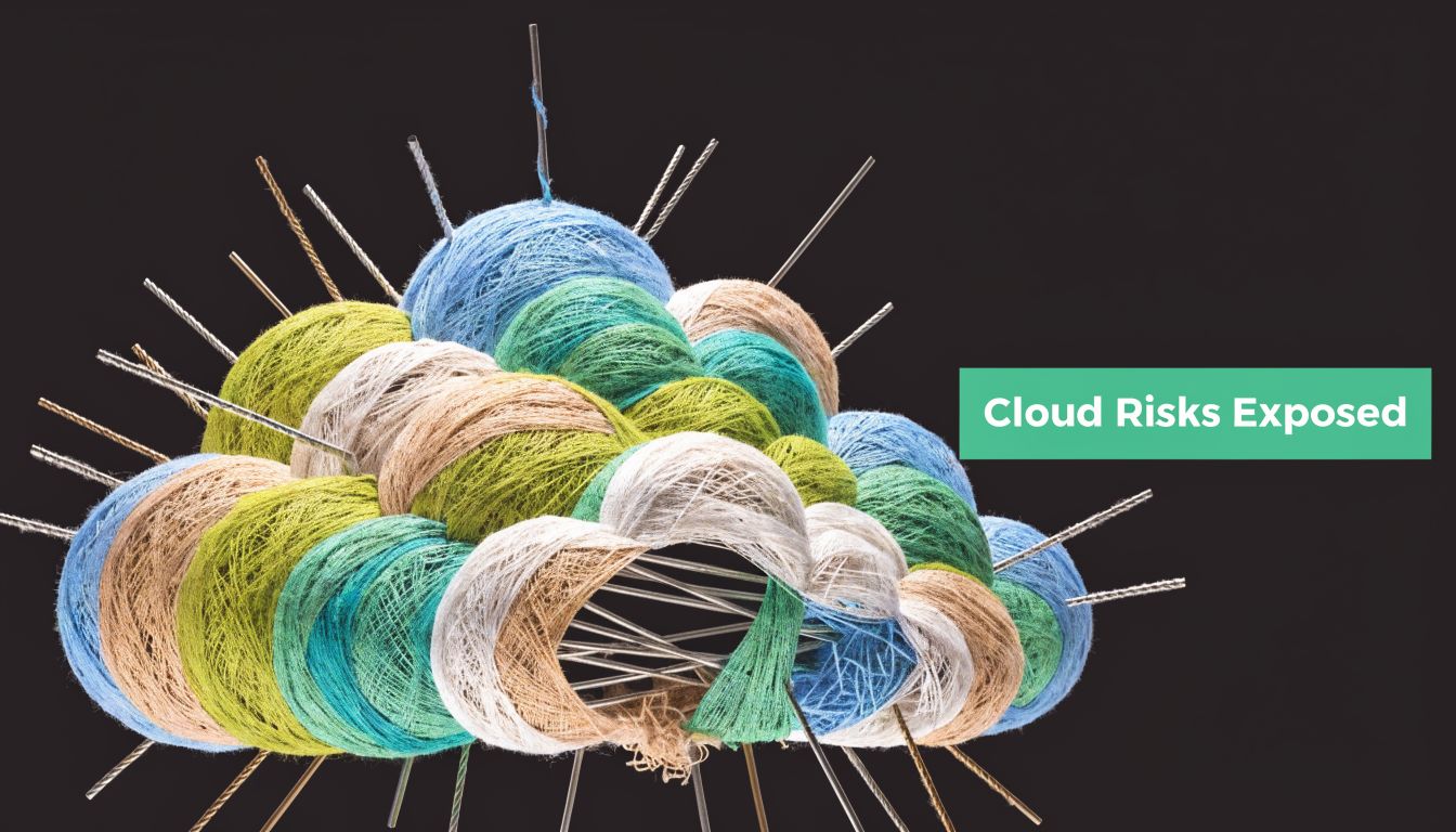 A cloud shape formed by various yarn balls pierced with metal needles against a dark background.