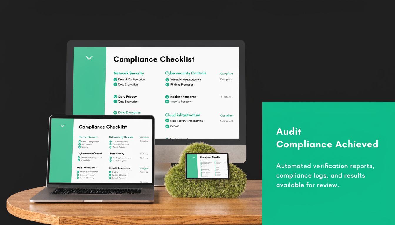 A computer setup showing a dashboard with compliance checklists for network security, cloud infrastructure, and cybersecurity controls.