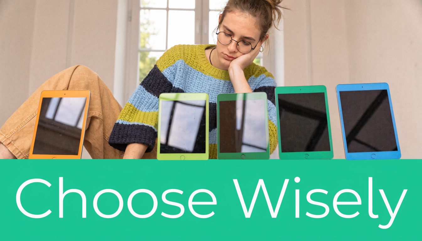 A person sitting behind five colorful tablets, contemplating a decision under the words Choose Wisely.