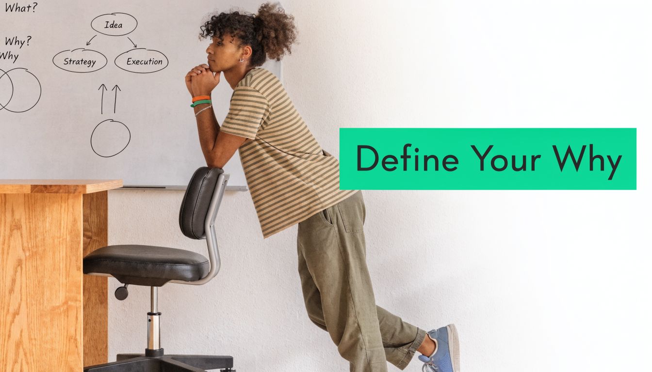 A young woman pondering beside a whiteboard displaying a business strategy diagram titled Define Your Why.