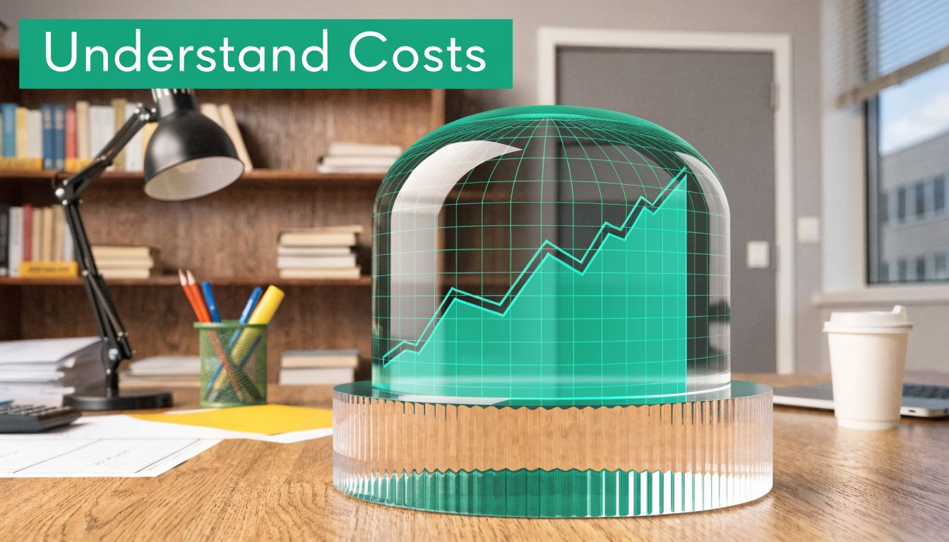 A conceptual desk image featuring a glowing rising graph inside a glass dome labeled Understand Costs.