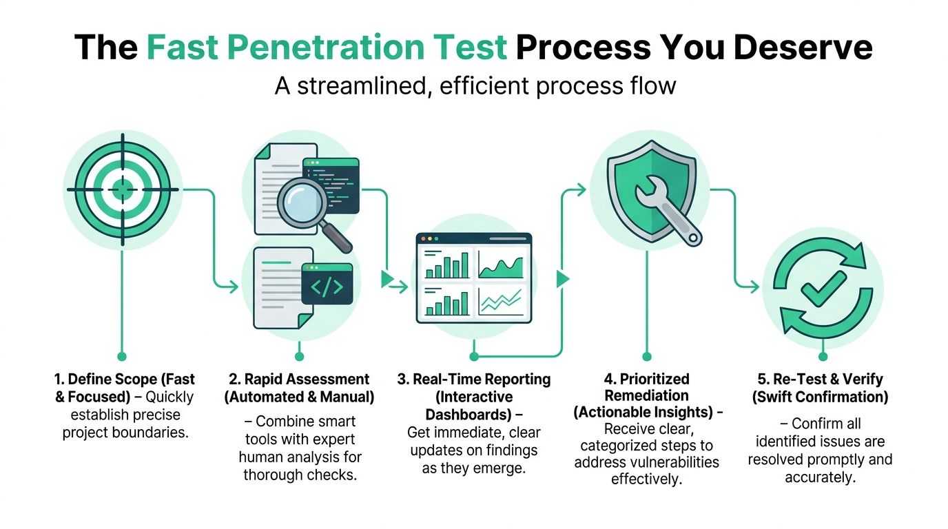 A five-step flowchart illustrating a streamlined and efficient penetration testing process from scoping to final verification.