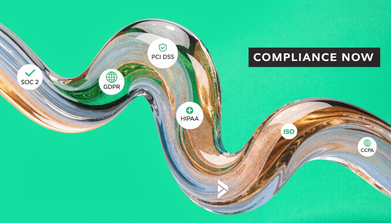 A wavy liquid glass graphic displaying compliance standards including SOC 2, GDPR, PCI DSS, HIPAA, ISO, and CCPA.