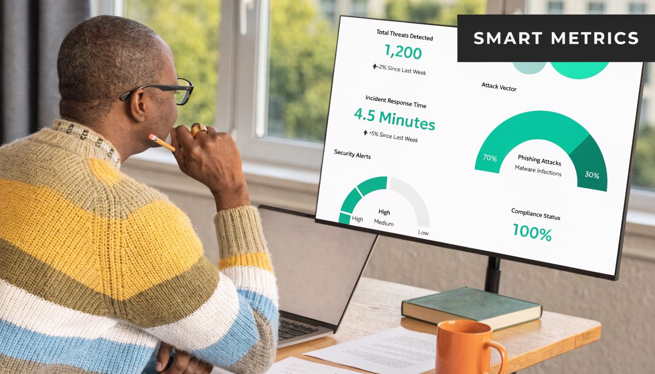 A professional man looking at a digital monitor displaying security metrics, threat levels, and compliance data.