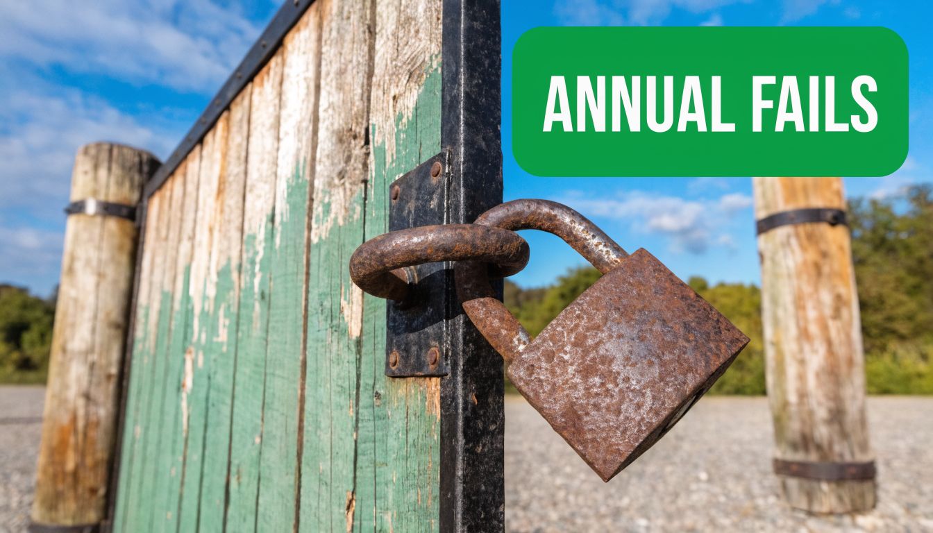 A rusty padlock securing a weathered green wooden gate on a rural path.
