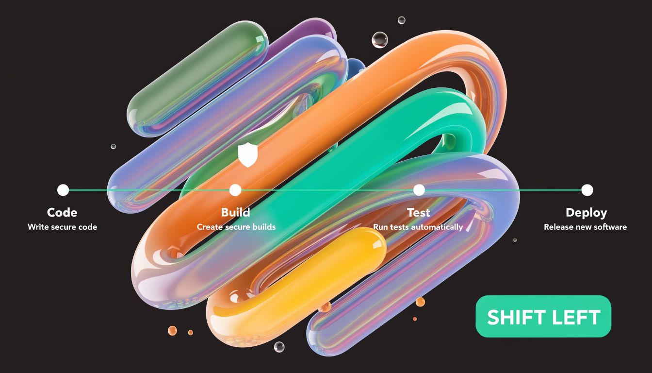 A diagram illustrating a software development lifecycle with steps for code, build, test, and deploy.