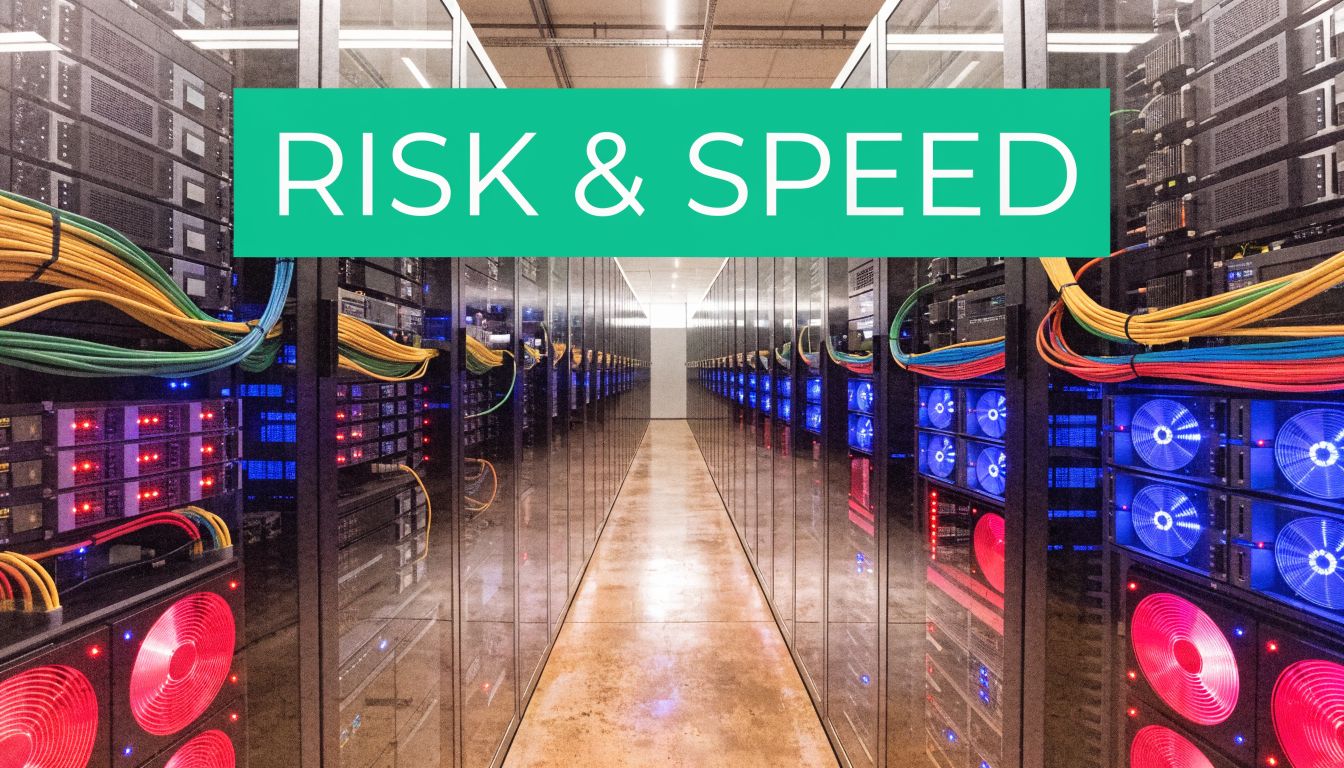 A modern data center server room aisle featuring glowing cooling fans and colorful fiber optic cables.