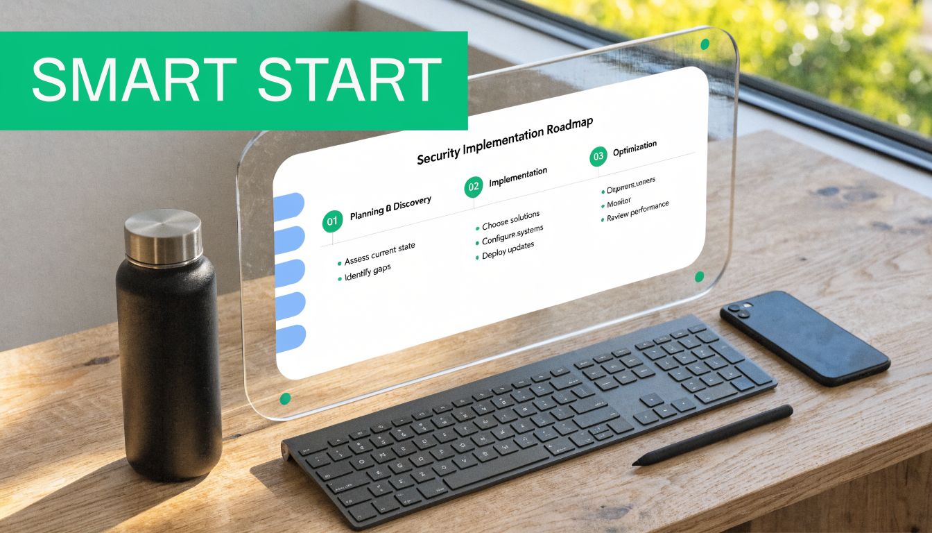 A desktop workspace featuring a Security Implementation Roadmap displayed on a transparent glass monitor screen.