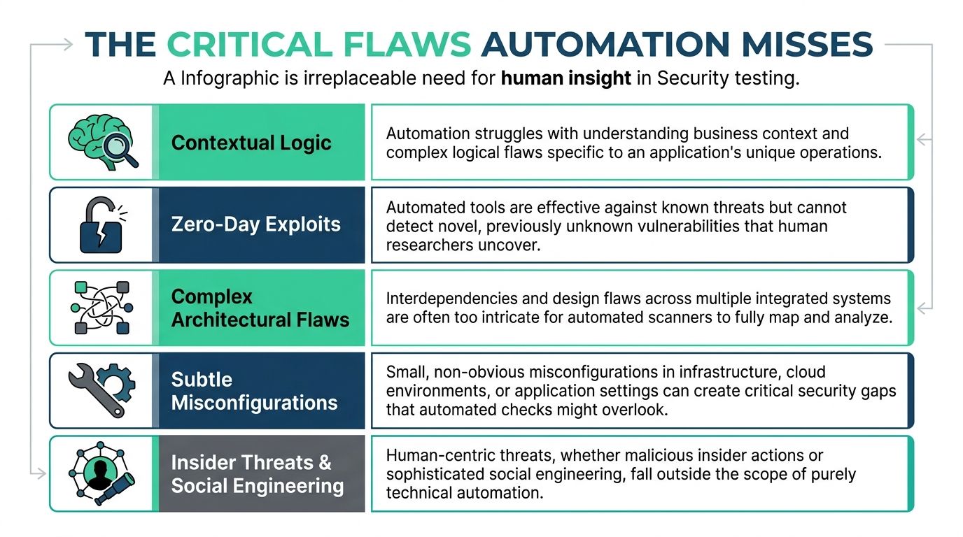 An infographic titled The Critical Flaws Automation Misses, highlighting why human insight is essential for security testing.