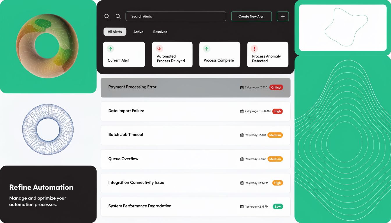 A sleek dark-mode dashboard showing a list of system alerts with status indicators and search functionality.