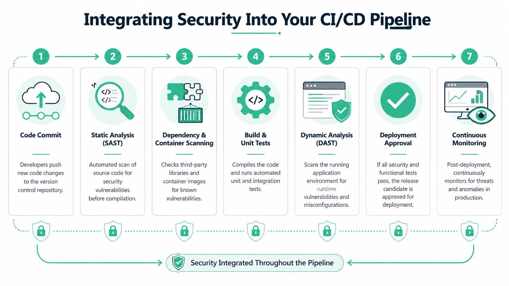 A diagram illustrating the seven stages of integrating security into a CI/CD development pipeline workflow.