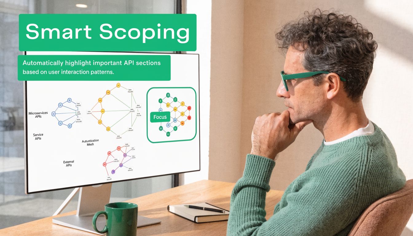A professional man looks at a monitor displaying API security architecture and smart scoping data visualizations.