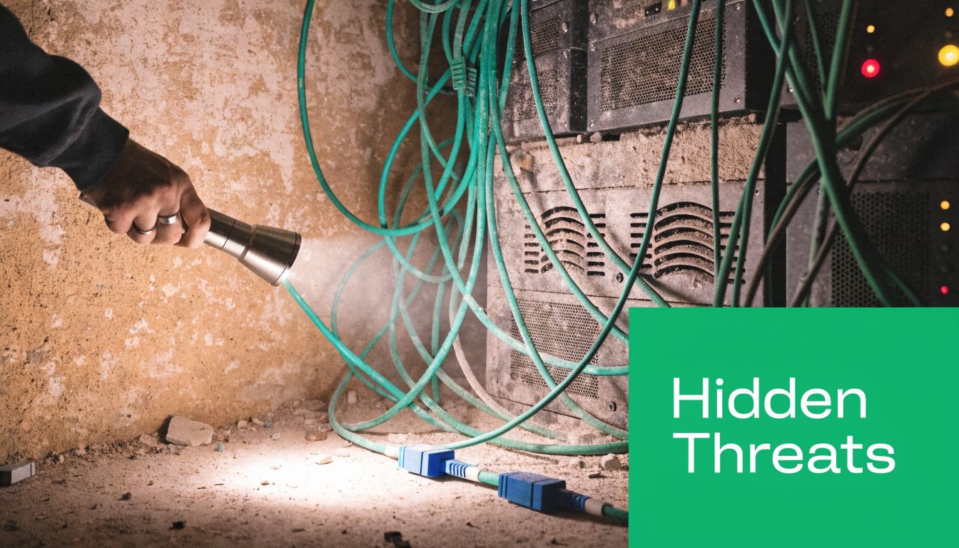 A person using a flashlight to inspect messy network cables near a server rack in a basement.