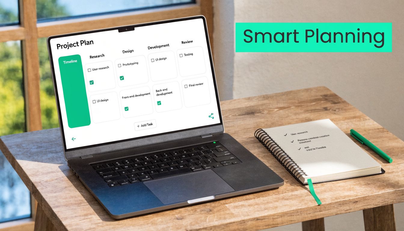 A modern laptop on a wooden desk displaying a digital project management plan with task lists.