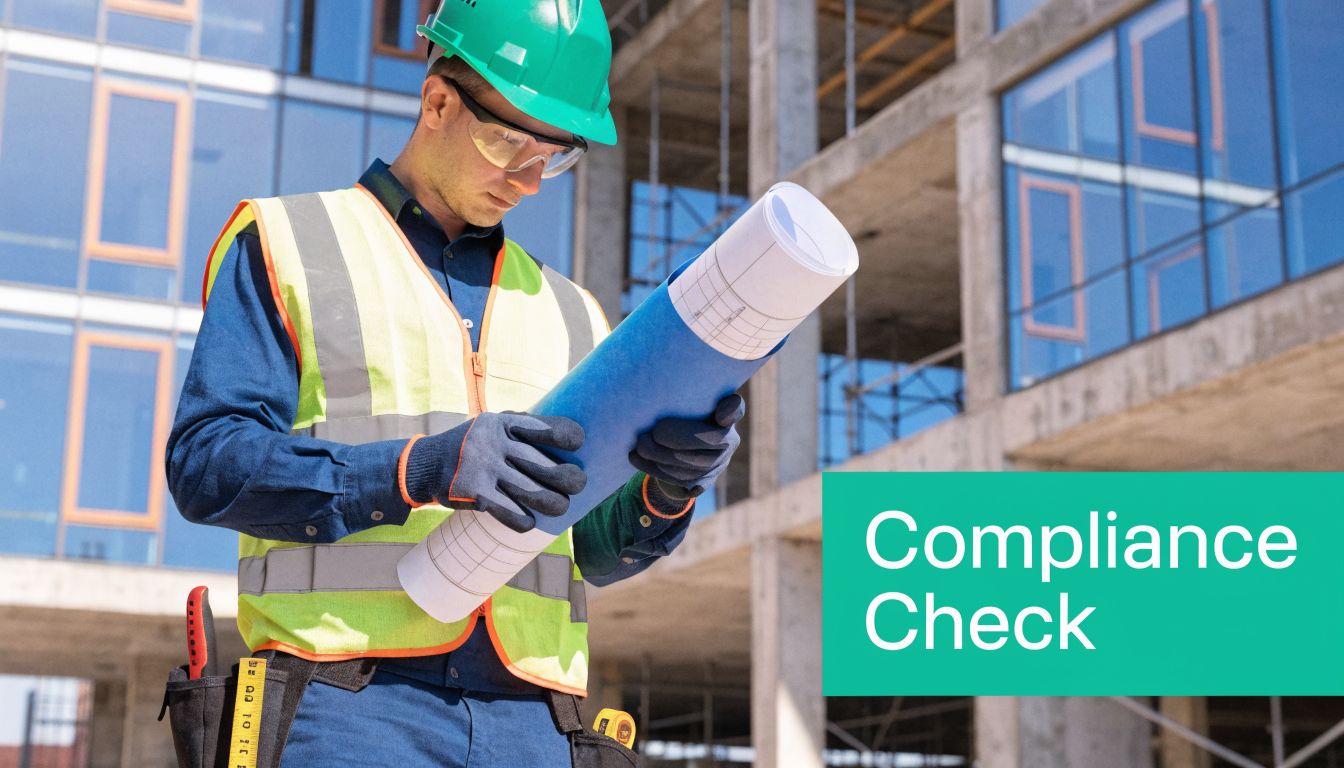 A construction worker in a hard hat and safety vest reviewing building plans at a construction site.