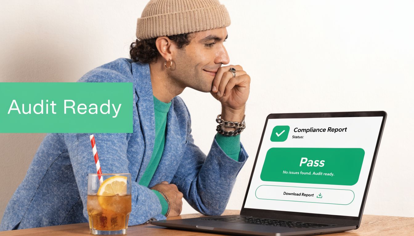 A man in a blue jacket looking at a laptop screen showing a successful security compliance report.