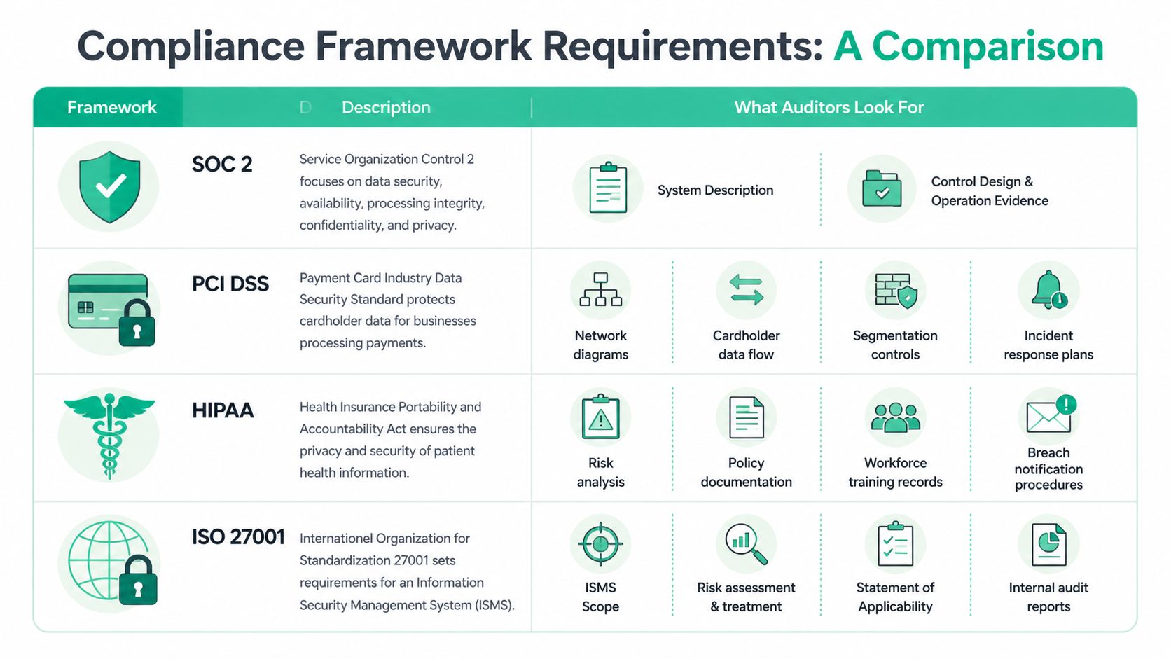 A comparison chart outlining key compliance framework requirements for SOC 2, PCI DSS, HIPAA, and ISO 27001 standards.