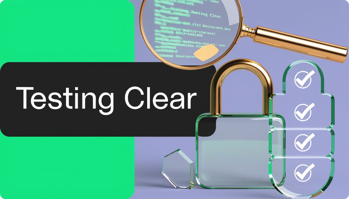 A magnifying glass inspecting code, a glass padlock, and a checklist representing secure software development and compliance testing.