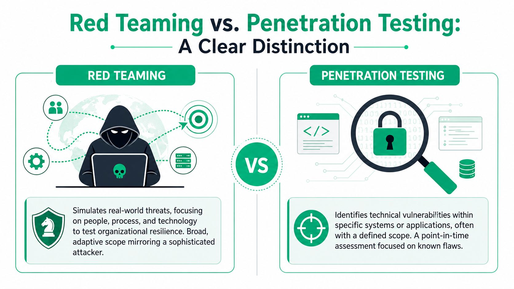 An infographic comparing red teaming and penetration testing, highlighting their distinct goals and methodologies in cybersecurity.