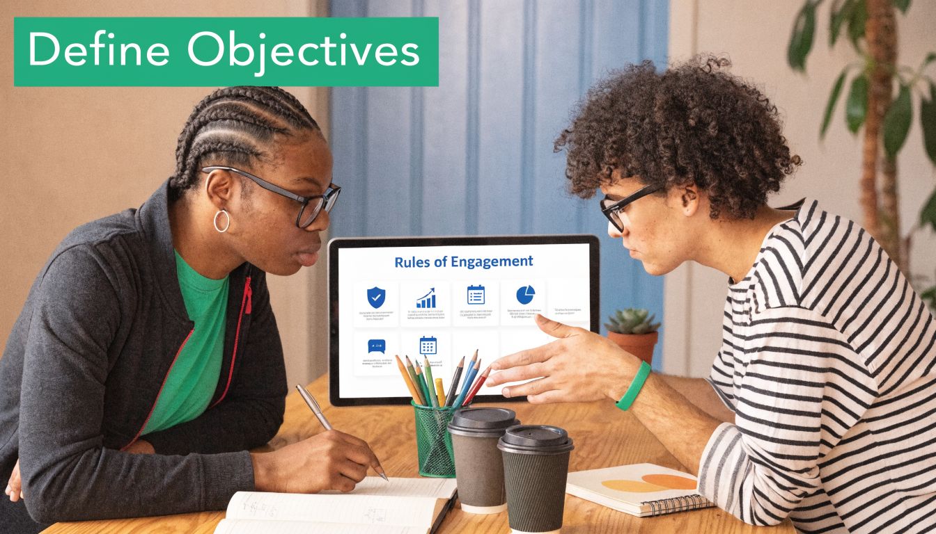 Two people collaborating at a wooden table while discussing project objectives and engagement rules on a screen.