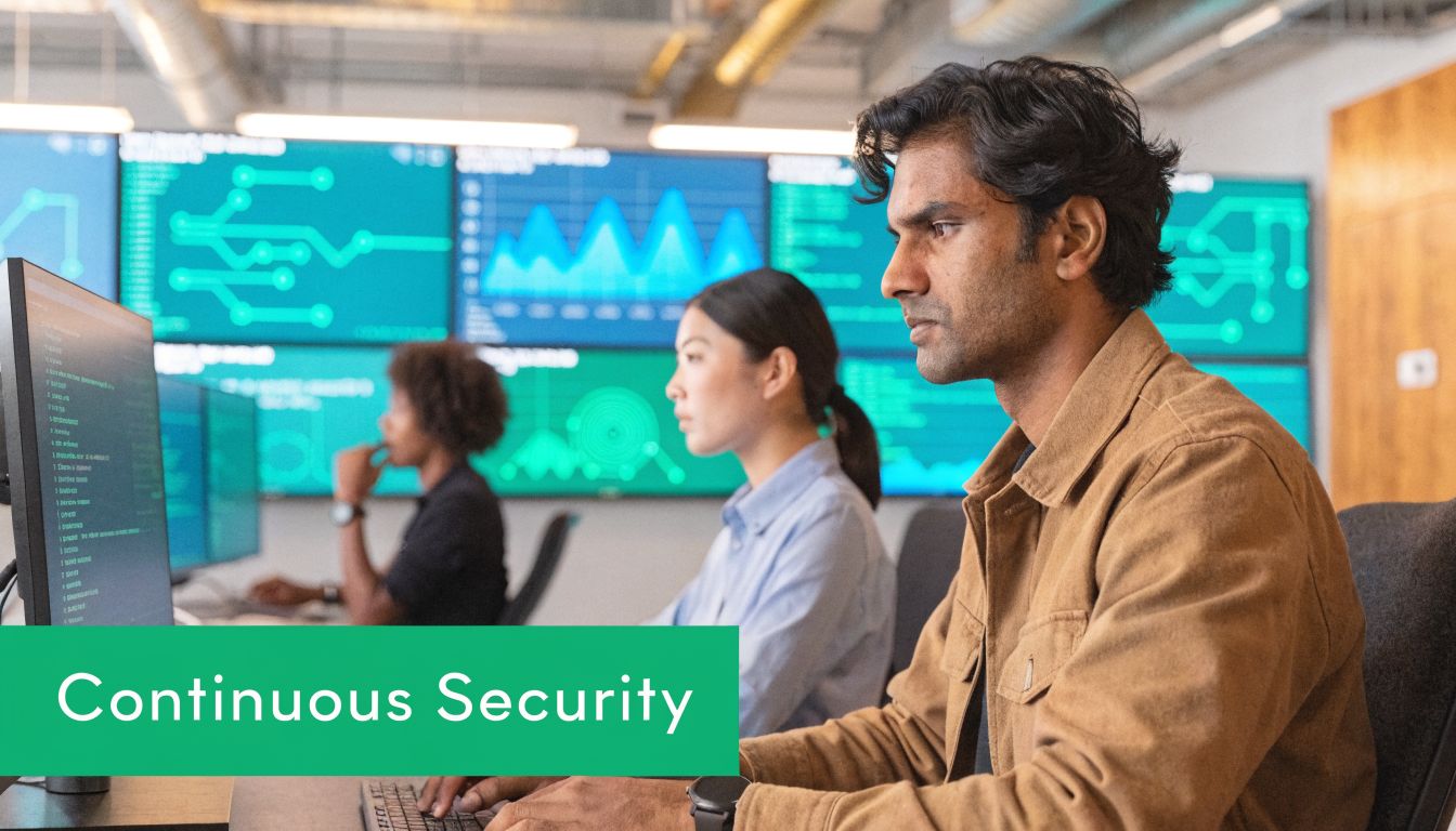 A diverse team of cybersecurity professionals working on code and data monitoring in a modern office.
