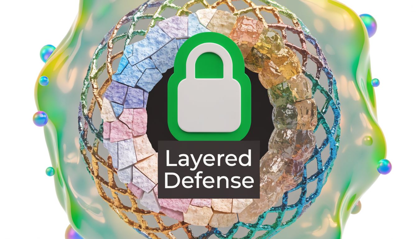 A digital illustration featuring a white padlock icon and the words Layered Defense, representing cybersecurity concepts.