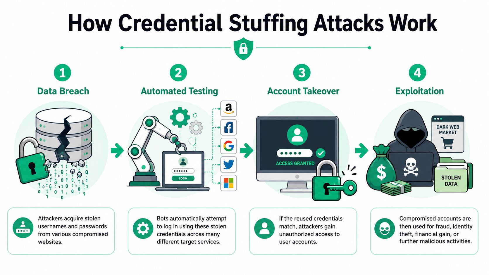 A four-step infographic illustrating the progression of credential stuffing attacks from data breaches to account exploitation.