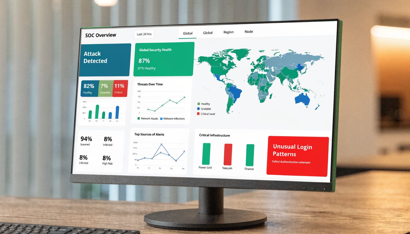 A computer monitor displaying a SOC Overview dashboard with global security health and threat analytics data.