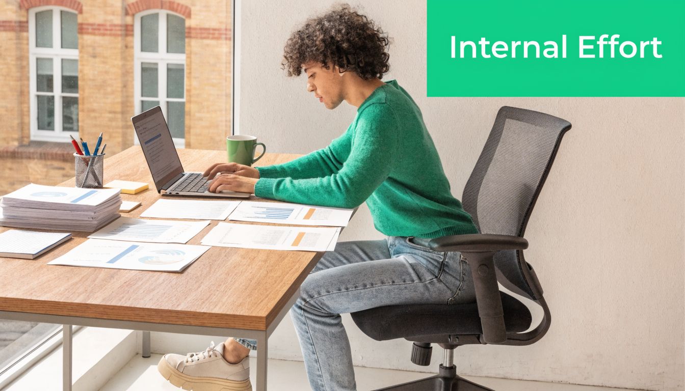 A young professional with curly hair working on a laptop at a desk with charts.