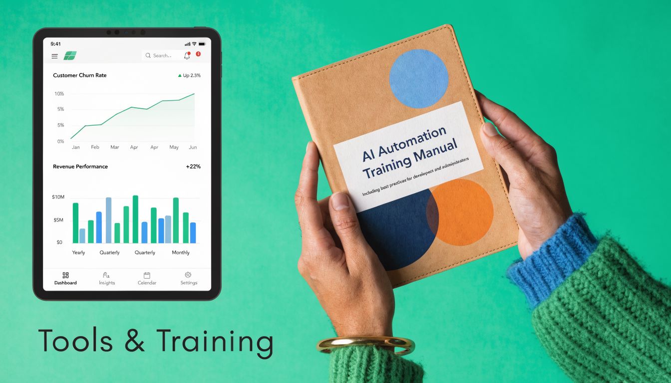 A digital tablet displaying business analytics alongside a person holding an AI Automation Training Manual book.