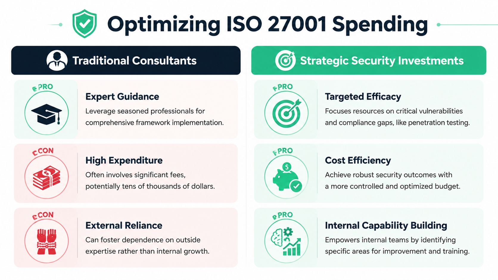 A comparison chart showing traditional consultants versus strategic security investments for optimizing ISO 27001 certification spending.