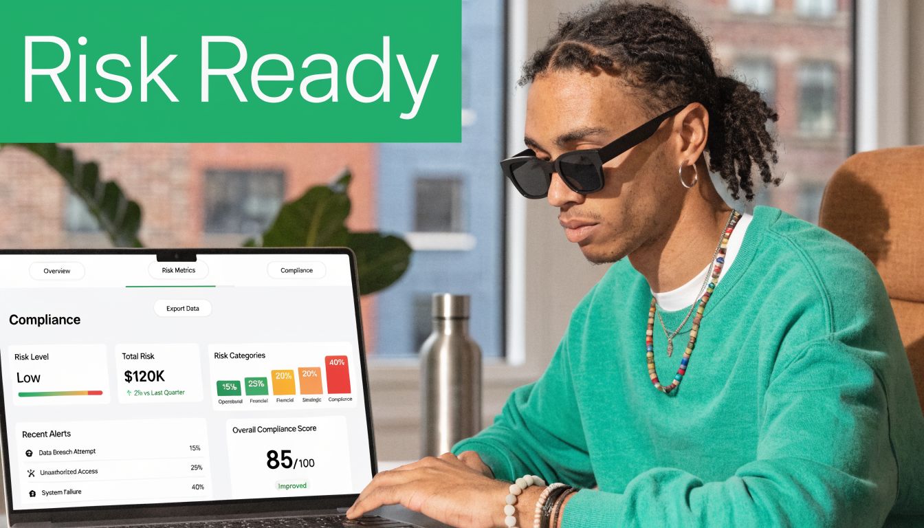 A young man with sunglasses working on a laptop displaying a digital dashboard with risk assessment software metrics.
