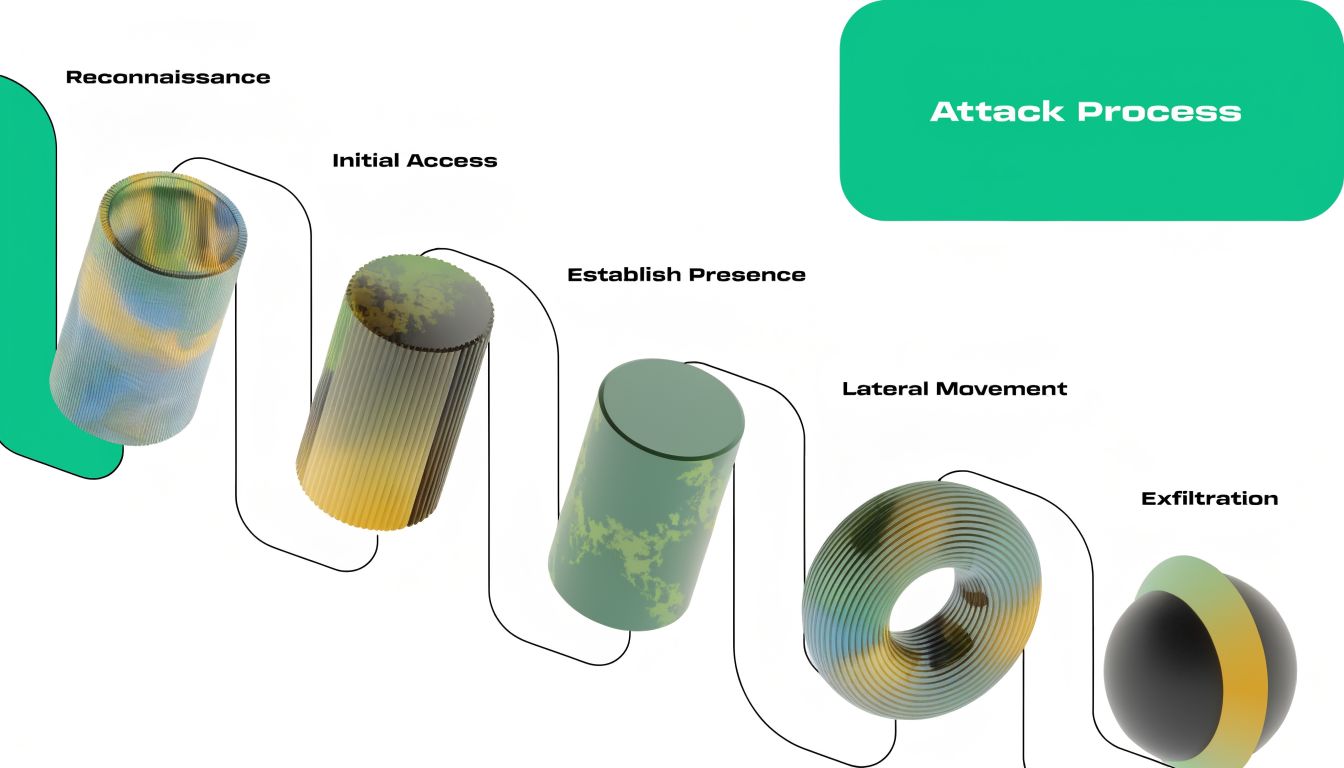 A diagram illustrating the five stages of an attack process in cybersecurity using abstract 3D shapes.