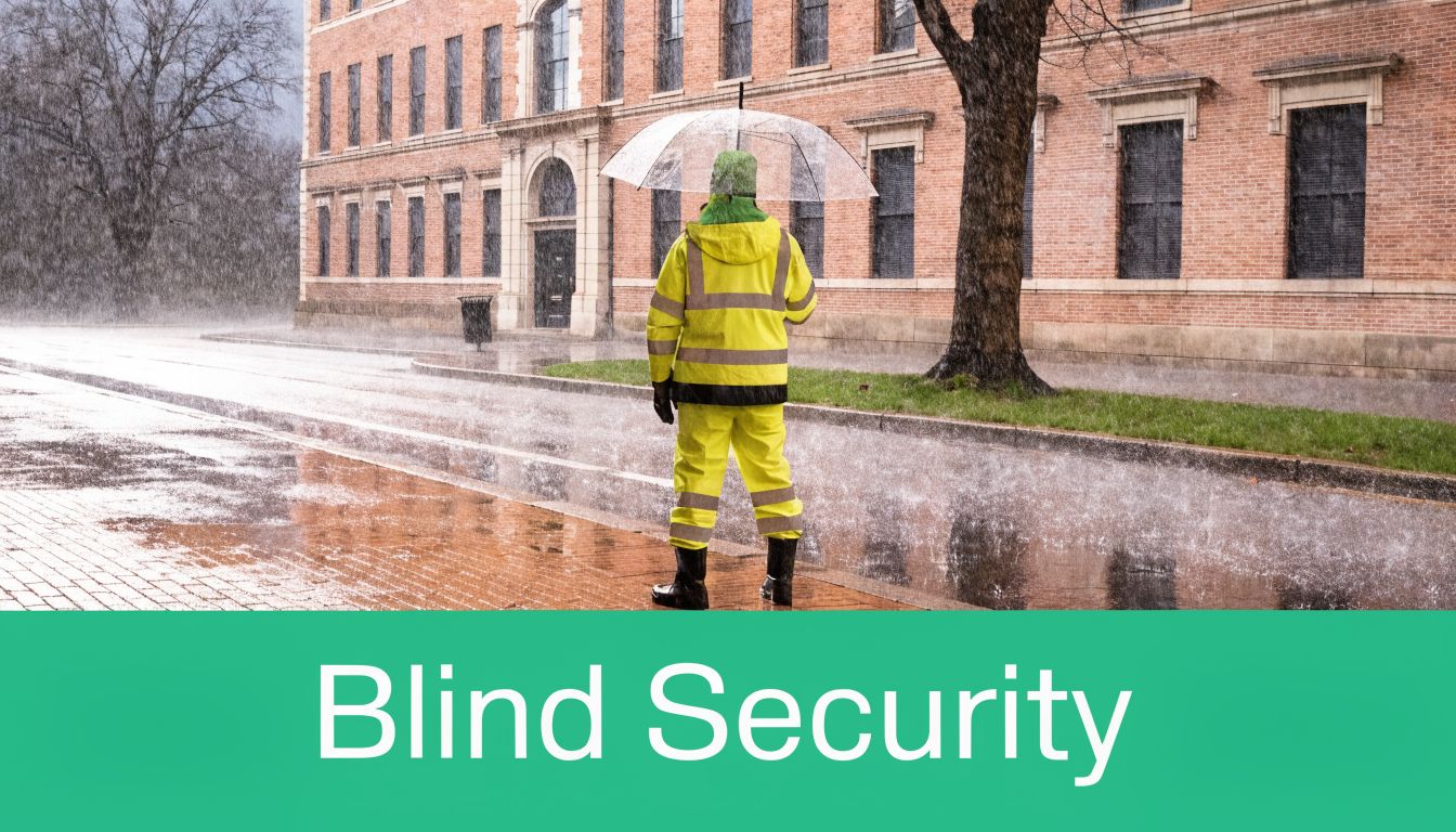 A security guard wearing high-visibility yellow uniform and rain gear stands outside during a heavy rainstorm.