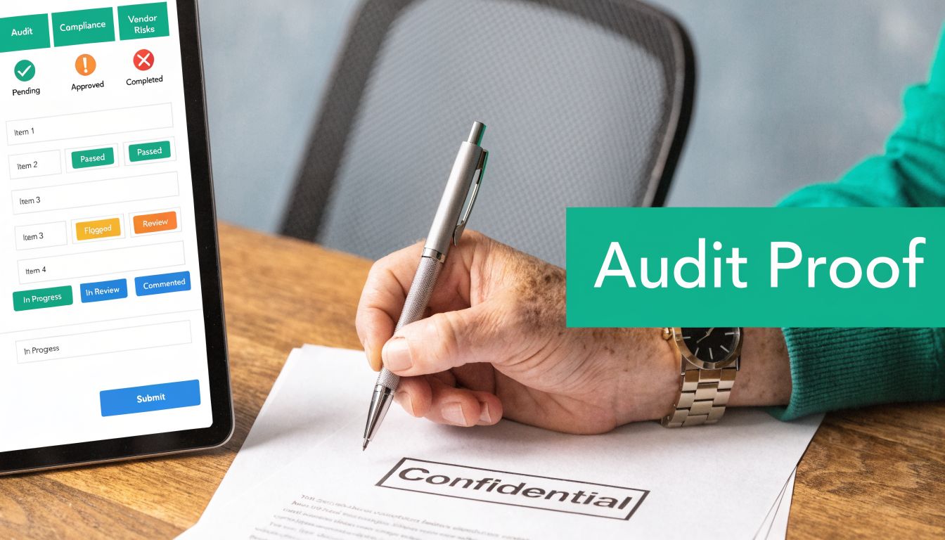 A professional working on an audit report with a mobile application interface and confidential document.