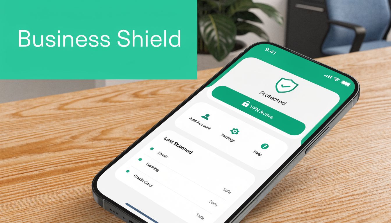 A smartphone on a wooden desk displaying the Business Shield mobile security application with protected status active.