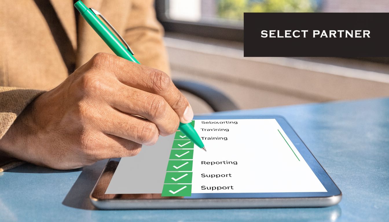 A professional checking items on a digital list on a tablet screen using a green pen.