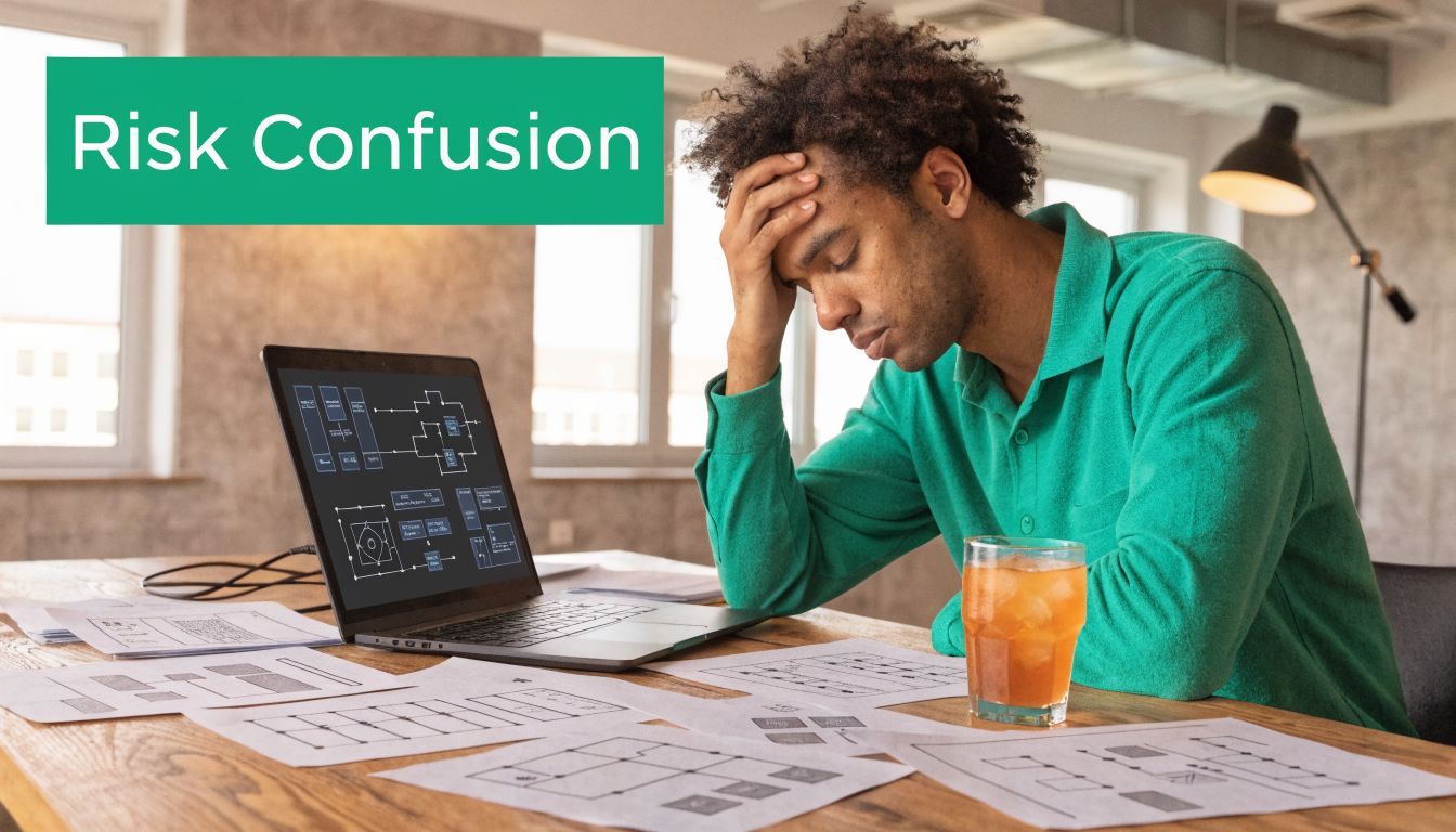 A frustrated man sitting at a desk with a laptop and documents during a risk assessment project.