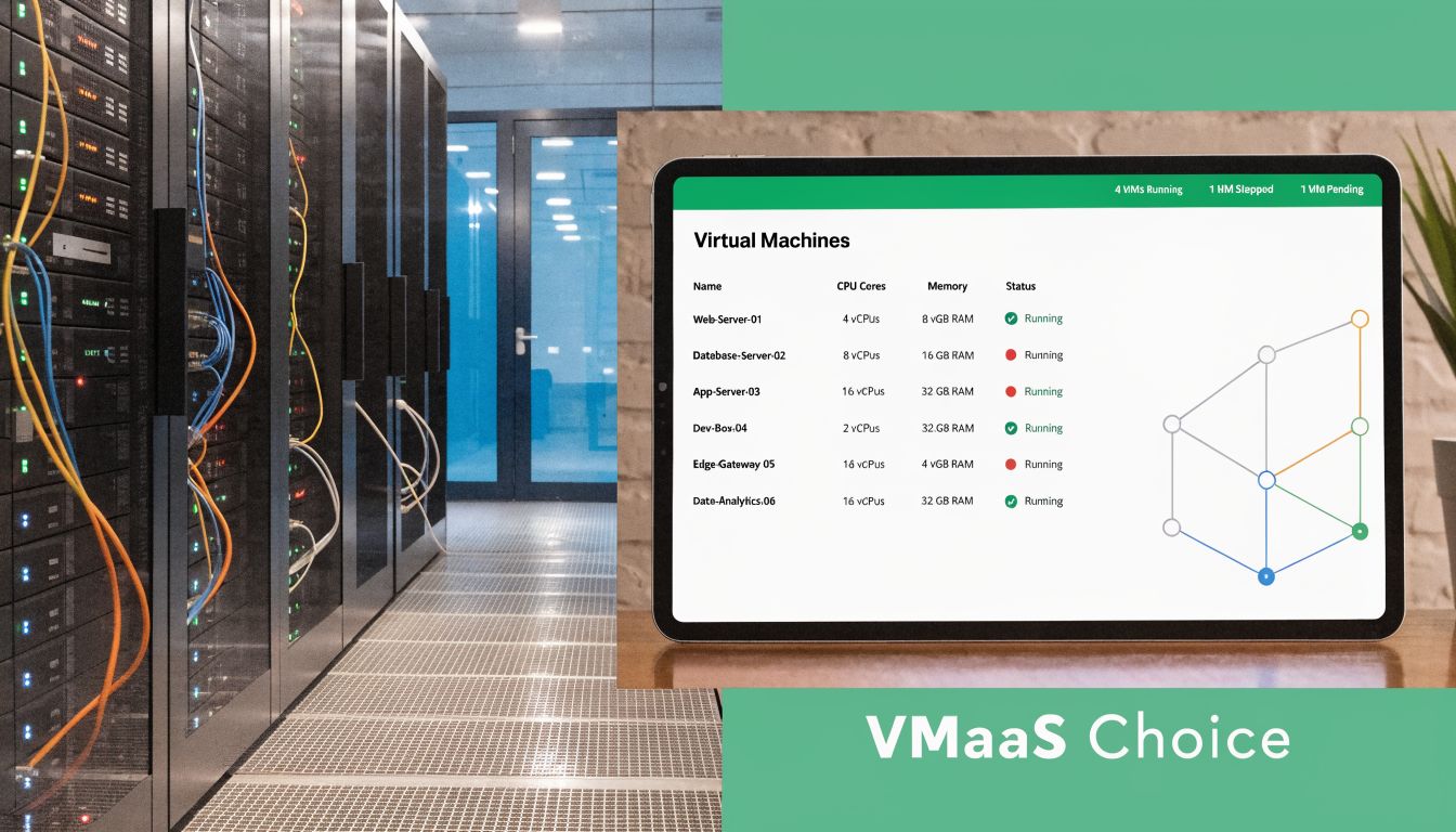 A digital tablet displaying a virtual machine dashboard next to a server room in a data center.