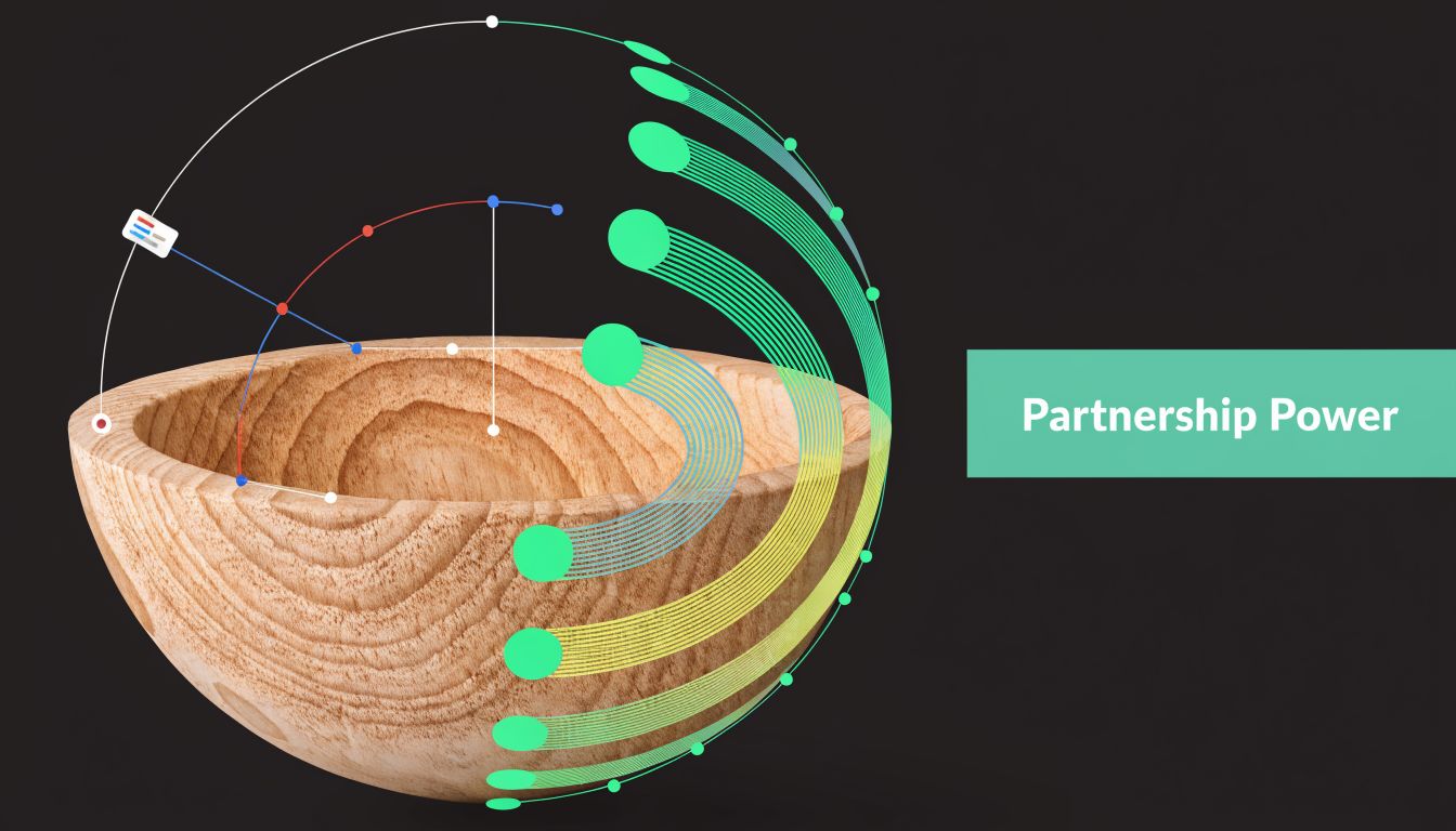 A wooden bowl featuring abstract digital data lines and floating orbs representing partnership and vulnerability management.