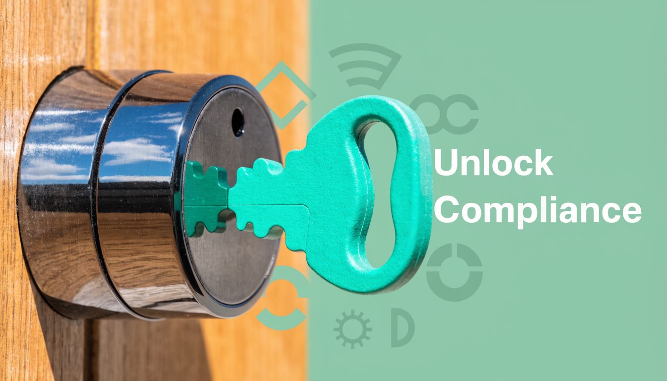 A green key inserted into a metal door lock representing the concept of unlocking compliance solutions.