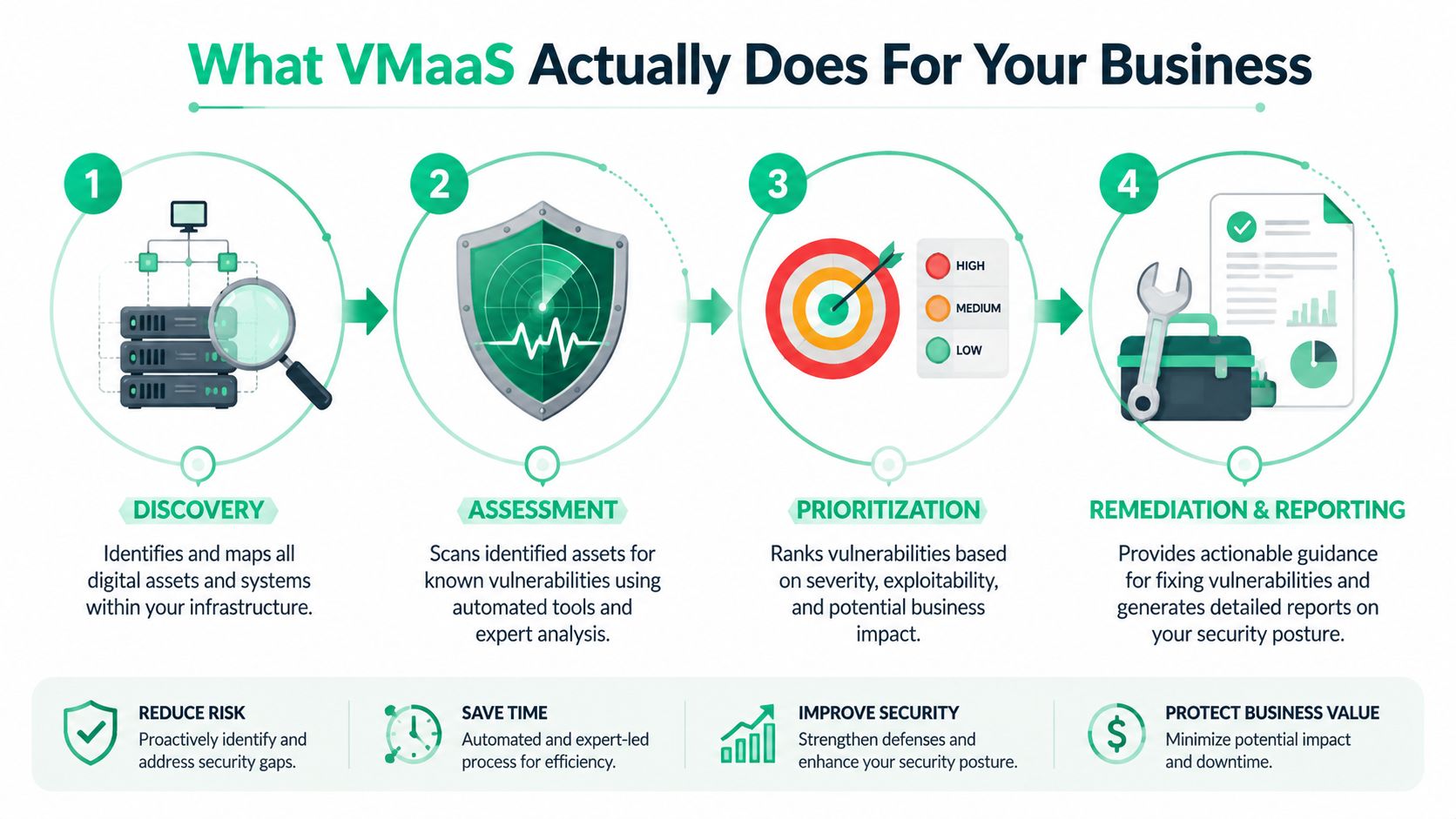 A four-step infographic illustrating how Vulnerability Management as a Service secures business digital assets and infrastructure.