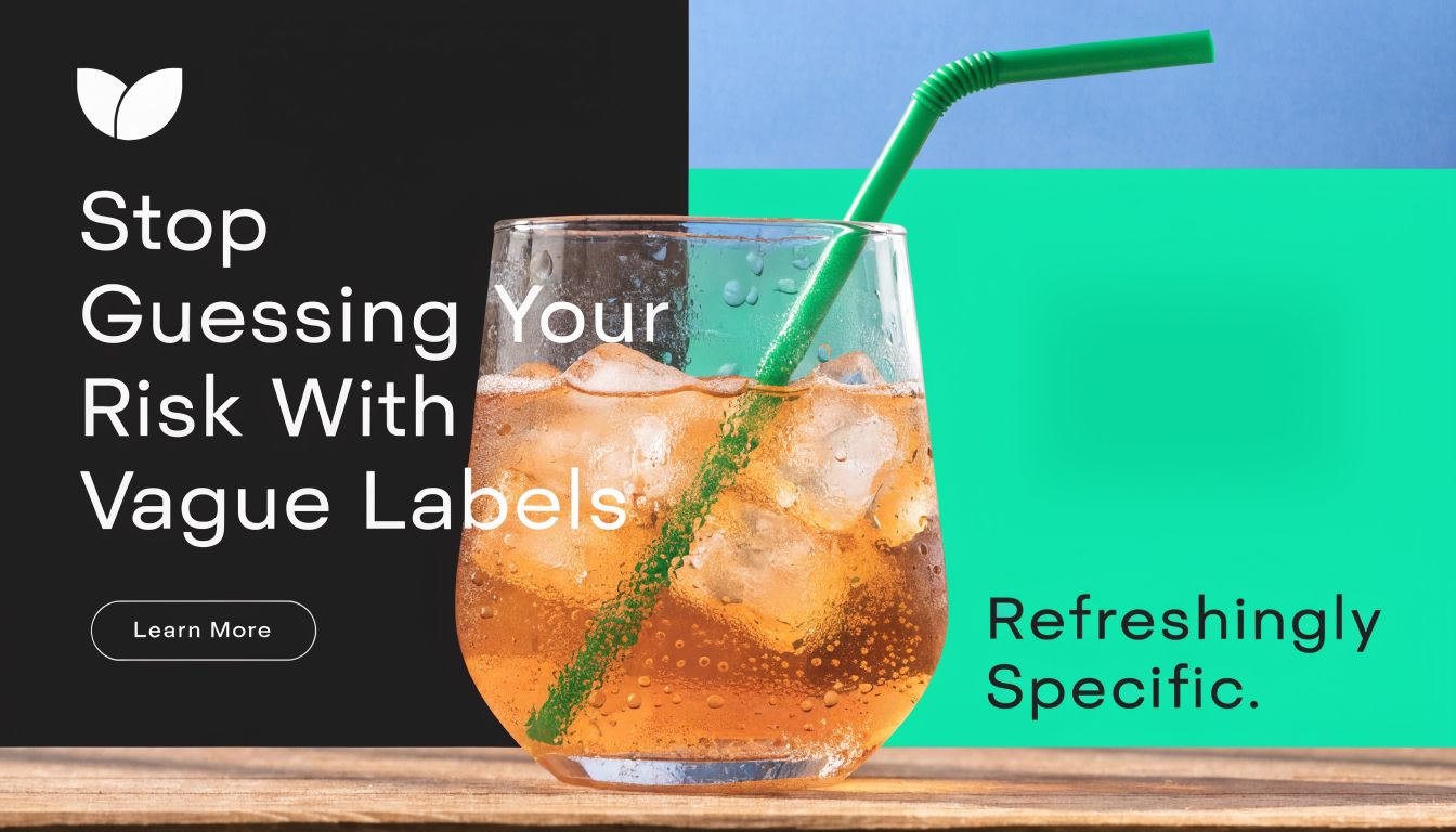 A glass of iced tea with a green straw, promoting risk assessment services with bold marketing text.