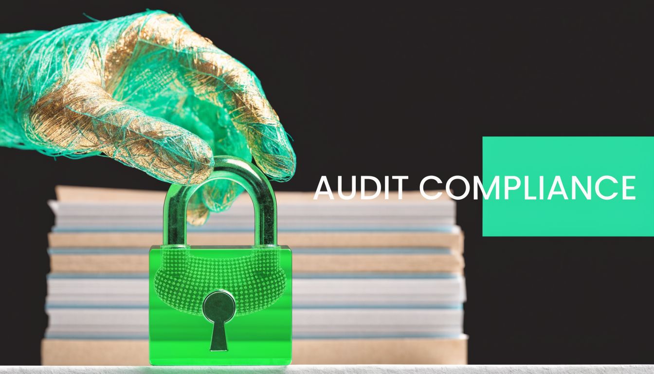 A gloved hand holds a green padlock over a stack of documents with Audit Compliance text displayed.