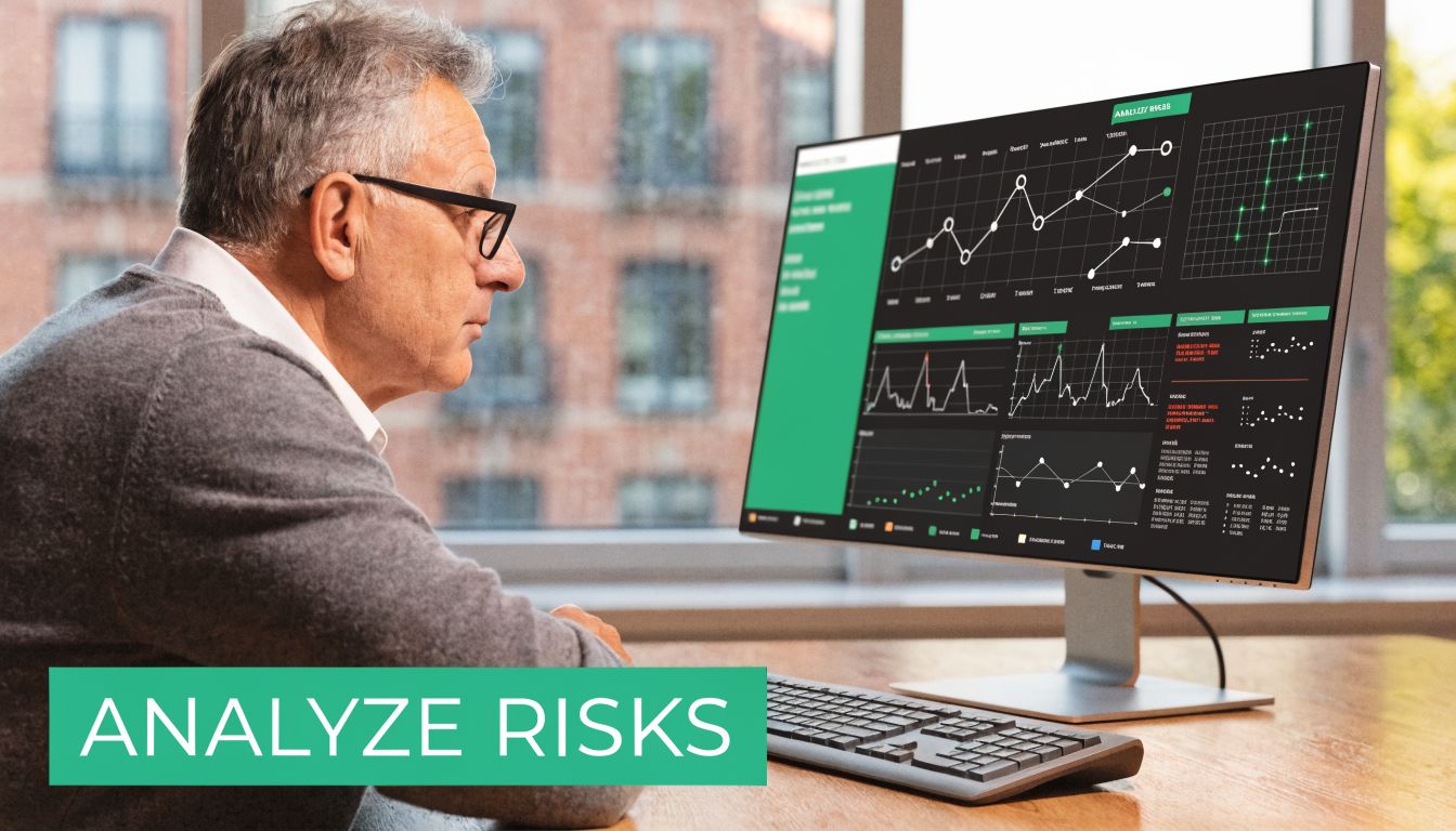 A professional man looking at data visualization charts and graphs on a computer monitor for risk assessment.